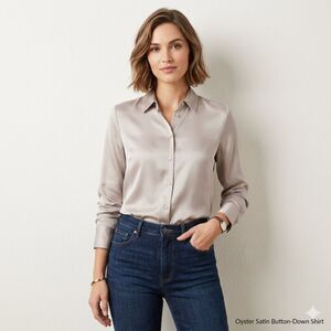 J. Jill | Beige Cream Satin Button Down Shirt Blouse M Office Party Career Work